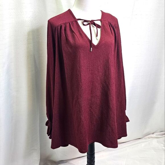 MICHAEL Michael Kors Burgundy Smocked Sleeve Textured Top Size 4X - Picture 6 of 13
